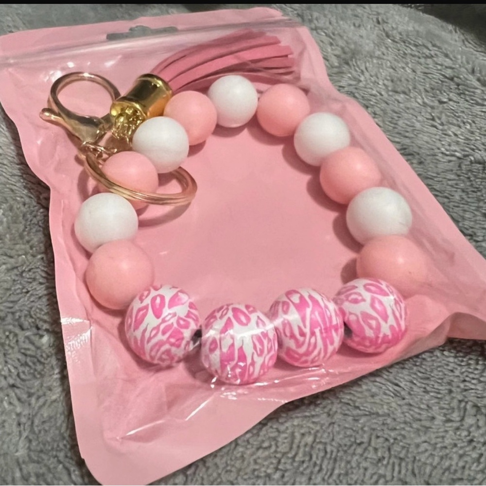 Pink and White Beaded Keychain with Gold Hardware